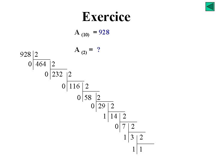 Exercice A (10) = 928 2 0 464 2 0 232 2 A (2)