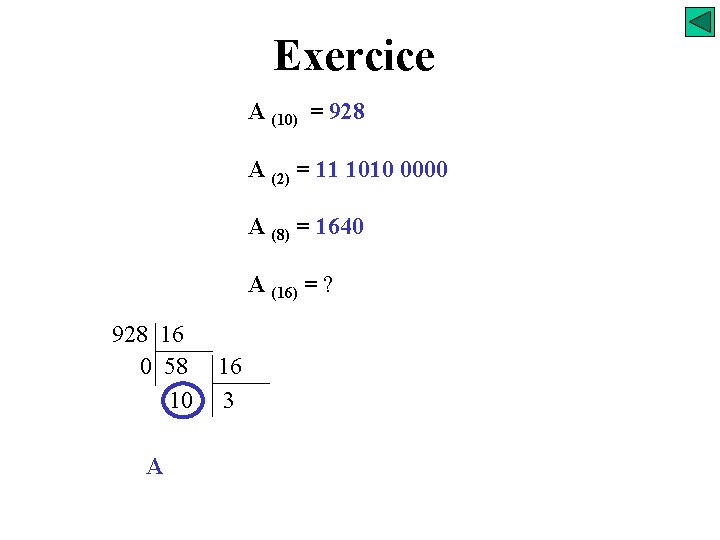 Exercice A (10) = 928 A (2) = 11 1010 0000 A (8) =