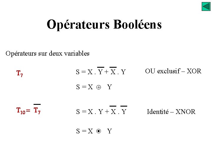Opérateurs Booléens Opérateurs sur deux variables T 7 S=X. Y+X. Y S=X T 10