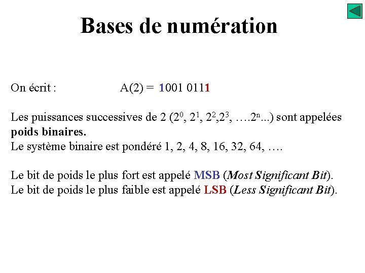 Bases de numération On écrit : A(2) = 1001 0111 Les puissances successives de