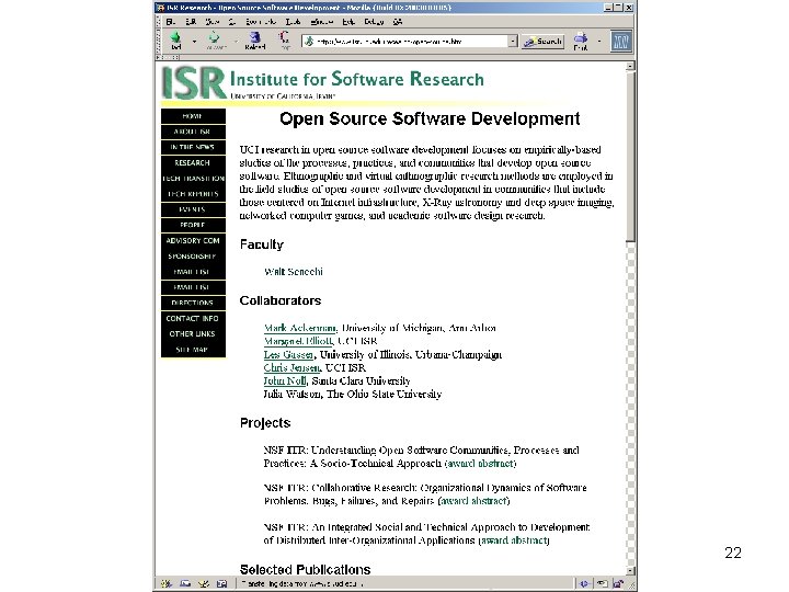 Open source software research Web site at UCI 22 
