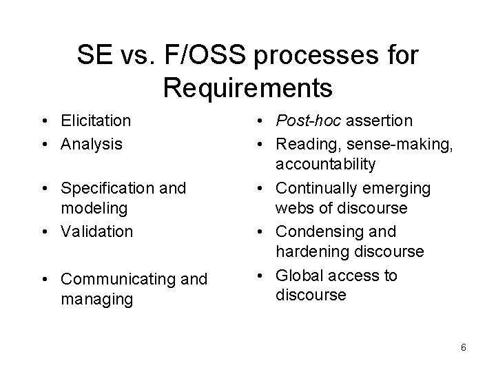 SE vs. F/OSS processes for Requirements • Elicitation • Analysis • Specification and modeling