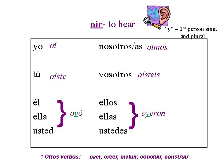 oír- to hear “y” – 3 rd person sing. and plural yo oí nosotros/as