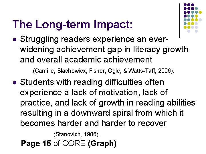 The Long-term Impact: l Struggling readers experience an everwidening achievement gap in literacy growth