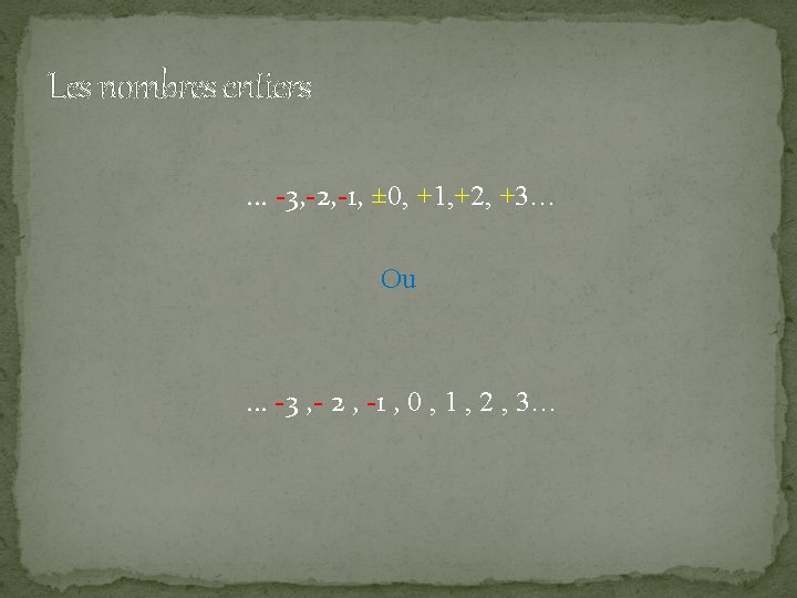 Les nombres entiers. . . -3, -2, -1, ± 0, +1, +2, +3… Ou