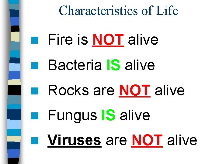 Characteristics of Life n Fire is NOT alive n Bacteria IS alive n Rocks
