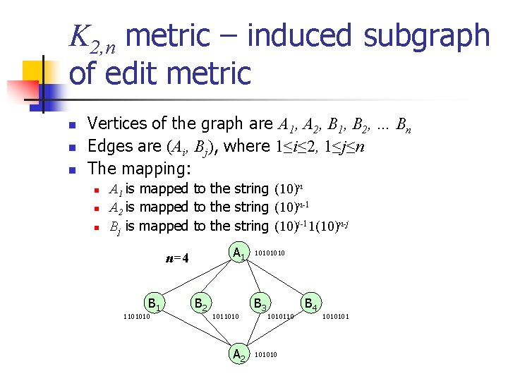K 2, n metric – induced subgraph of edit metric n n n Vertices
