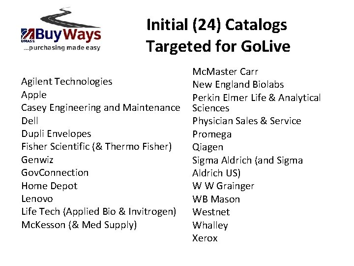 Initial (24) Catalogs Targeted for Go. Live Agilent Technologies Apple Casey Engineering and Maintenance