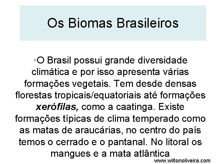 Os Biomas Brasileiros • O Brasil possui grande diversidade climática e por isso apresenta