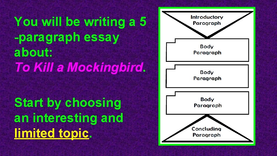 You will be writing a 5 -paragraph essay about: To Kill a Mockingbird. Start You will be writing a 5 -paragraph essay about: To Kill a Mockingbird. Start