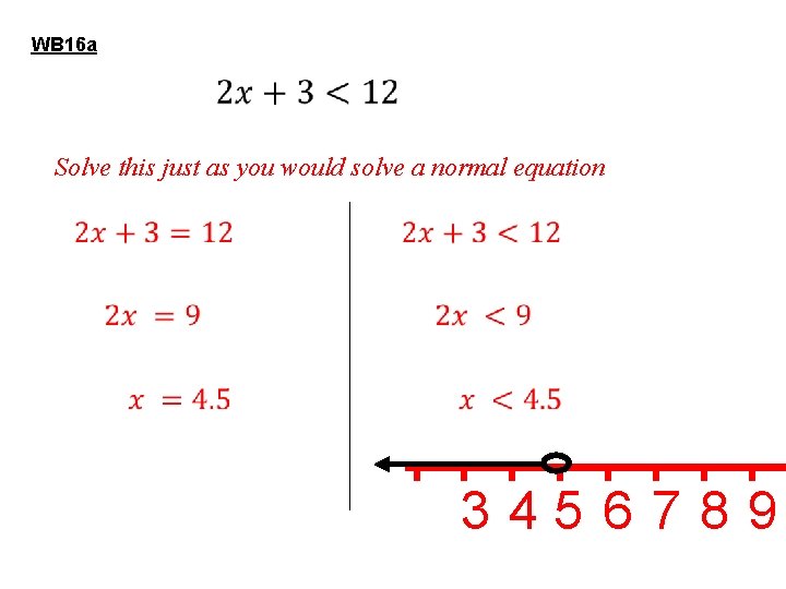 Example 1 WB 16 a Starter: inequalities notation 3 • Solve this just as