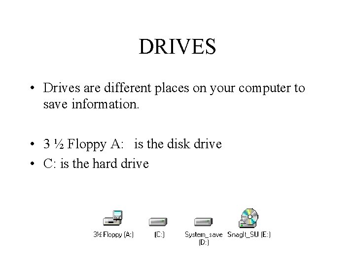 DRIVES • Drives are different places on your computer to save information. • 3 DRIVES • Drives are different places on your computer to save information. • 3