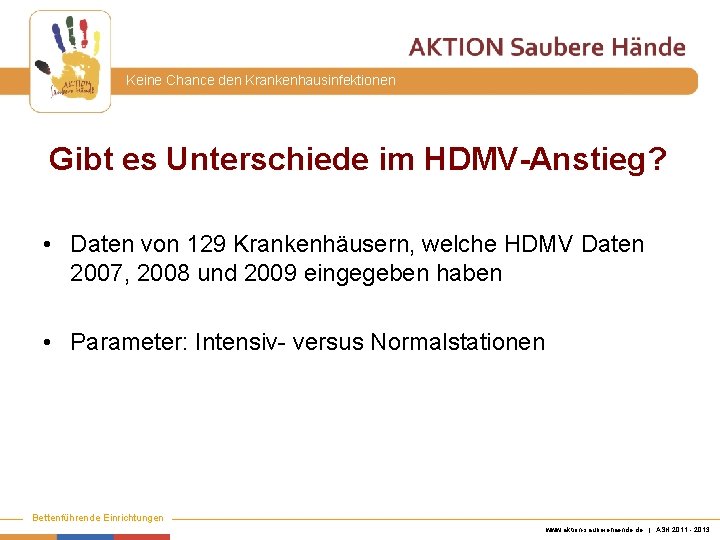 Keine Chance den Krankenhausinfektionen Gibt es Unterschiede im HDMV-Anstieg? • Daten von 129 Krankenhäusern,