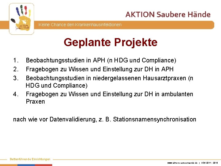 Keine Chance den Krankenhausinfektionen Geplante Projekte 1. 2. 3. 4. Beobachtungsstudien in APH (n