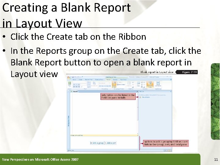 Creating a Blank Report in Layout View XP • Click the Create tab on
