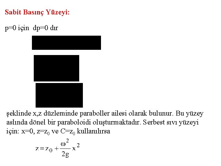 Sabit Basınç Yüzeyi: p=0 için dp=0 dır şeklinde x, z düzleminde paraboller ailesi olarak