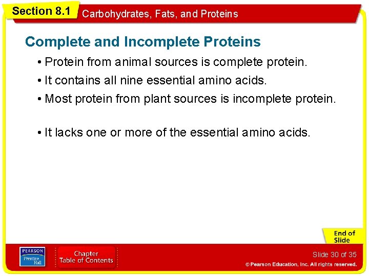 Section 8. 1 Carbohydrates, Fats, and Proteins Complete and Incomplete Proteins • Protein from