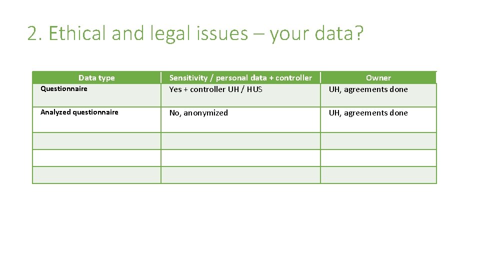 2. Ethical and legal issues – your data? Data type Questionnaire Sensitivity / personal