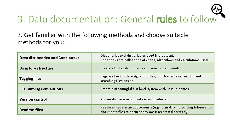 3. Data documentation: General rules to follow 3. Get familiar with the following methods