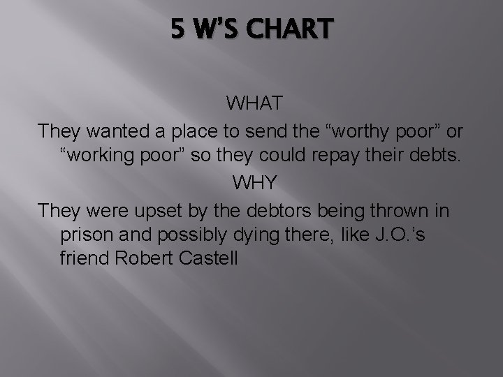 5 W’S CHART WHAT They wanted a place to send the “worthy poor” or