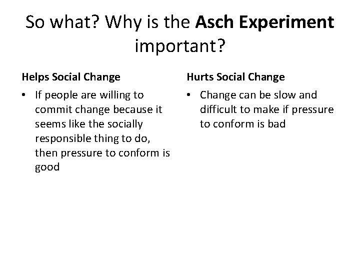 So what? Why is the Asch Experiment important? Helps Social Change Hurts Social Change