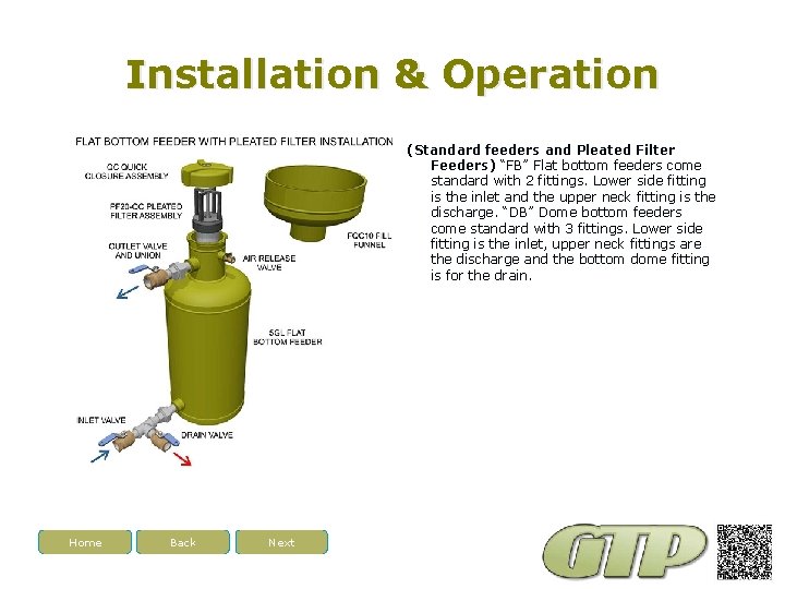 Installation & Operation (Standard feeders and Pleated Filter Feeders) “FB” Flat bottom feeders come