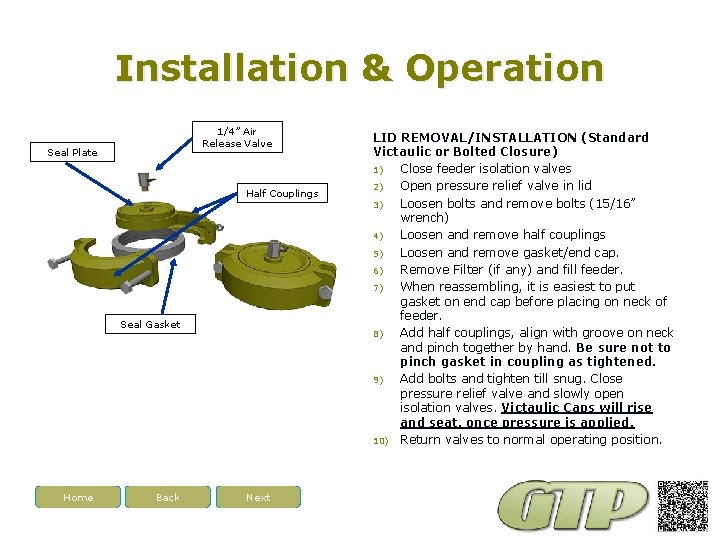 Installation & Operation 1/4” Air Release Valve Seal Plate Half Couplings Seal Gasket Home