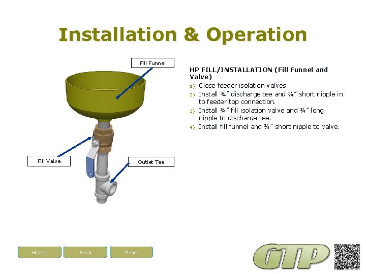 Installation & Operation Fill Funnel Fill Valve Home Outlet Tee Back Next HP FILL/INSTALLATION