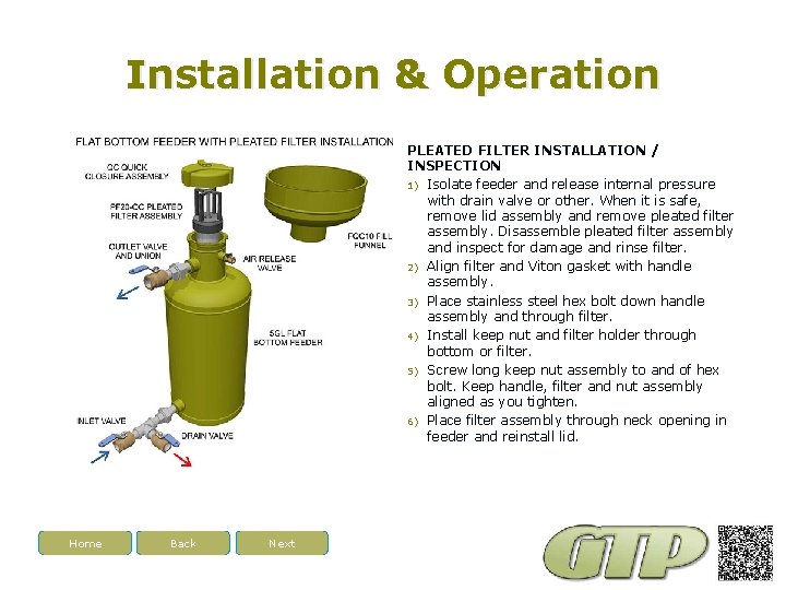 Installation & Operation PLEATED FILTER INSTALLATION / INSPECTION 1) Isolate feeder and release internal