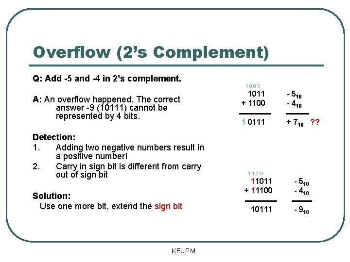 Overflow (2’s Complement) Q: Add -5 and -4 in 2’s complement. 1000 A: An
