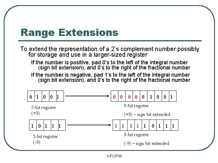 Range Extensions To extend the representation of a 2’s complement number possibly for storage