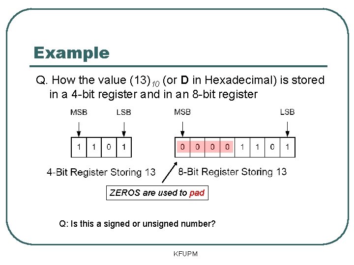 Example Q. How the value (13)10 (or D in Hexadecimal) is stored in a