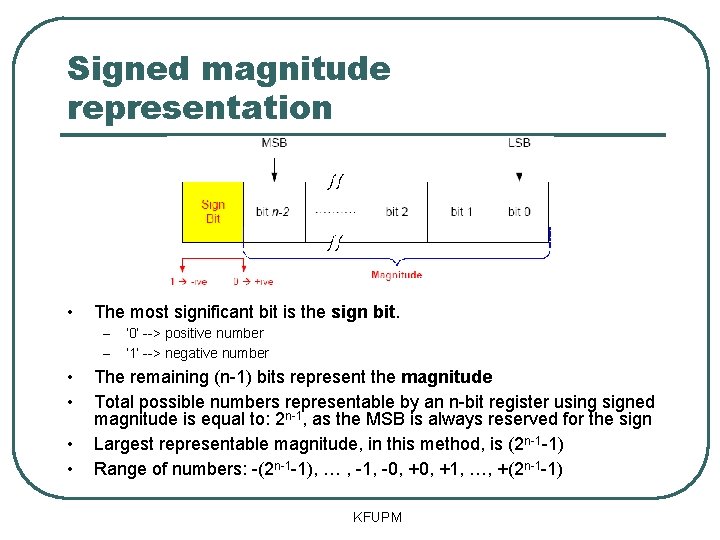 Signed magnitude representation • The most significant bit is the sign bit. – –