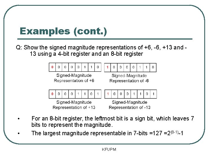 Examples (cont. ) Q: Show the signed magnitude representations of +6, -6, +13 and