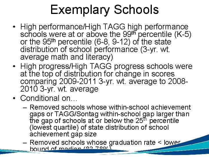 Exemplary Schools • High performance/High TAGG high performance schools were at or above the