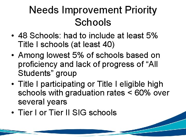 Needs Improvement Priority Schools • 48 Schools: had to include at least 5% Title