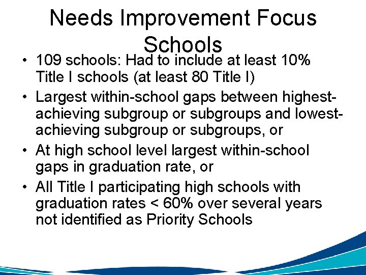 Needs Improvement Focus Schools • 109 schools: Had to include at least 10% Title