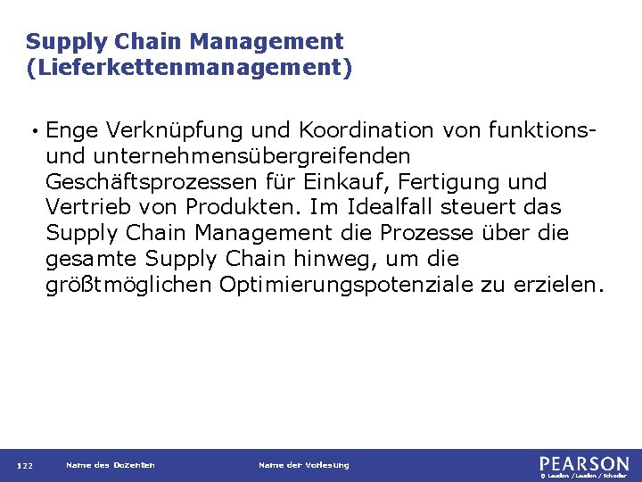 Supply Chain Management (Lieferkettenmanagement) • 122 Enge Verknüpfung und Koordination von funktionsund unternehmensübergreifenden Geschäftsprozessen