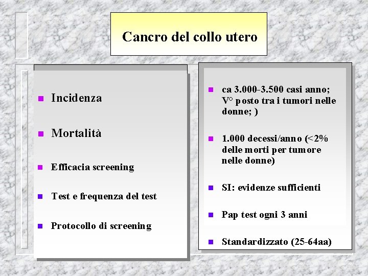 Cancro del collo utero n Incidenza n Mortalità n Efficacia screening n n Test