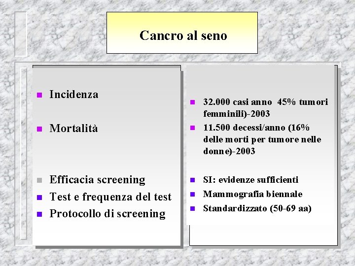 Cancro al seno n Incidenza n Mortalità n n Efficacia screening Test e frequenza