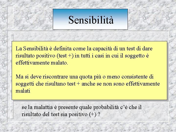 Sensibilità La Sensibilità è definita come la capacità di un test di dare risultato