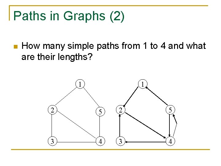 Paths in Graphs (2) n How many simple paths from 1 to 4 and