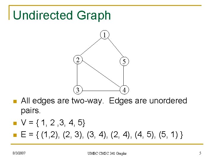 Undirected Graph 1 n n n 2 5 3 4 All edges are two-way.