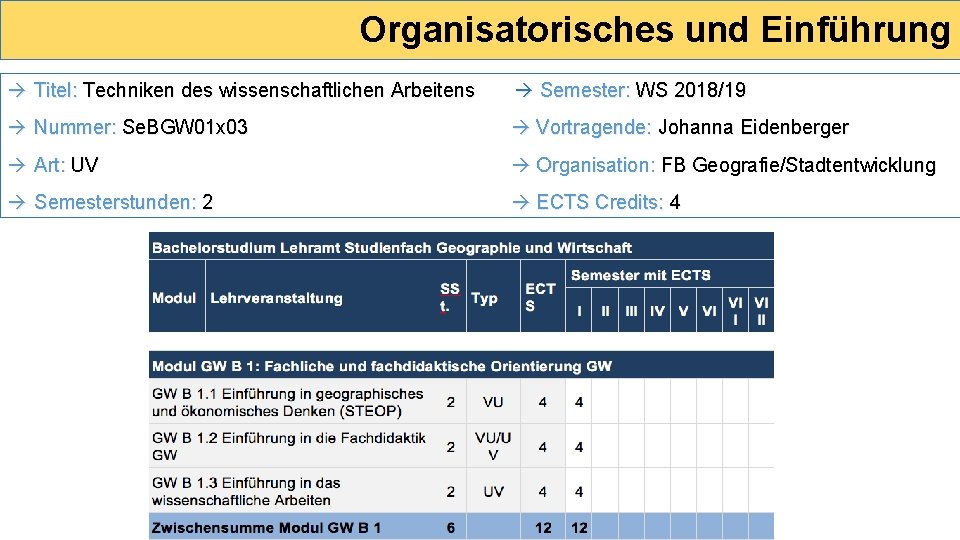 Organisatorisches und Einführung Titel: Techniken des wissenschaftlichen Arbeitens Semester: WS 2018/19 Nummer: Se. BGW