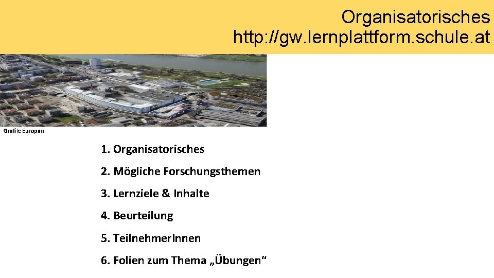Organisatorisches http: //gw. lernplattform. schule. at Grafik: Europan 1. Organisatorisches 2. Mögliche Forschungsthemen 3.