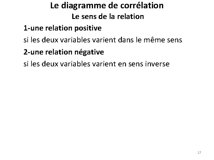 Le diagramme de corrélation Le sens de la relation 1 -une relation positive si