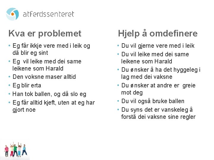 Kva er problemet Hjelp å omdefinere • Eg får ikkje vere med i leik Kva er problemet Hjelp å omdefinere • Eg får ikkje vere med i leik