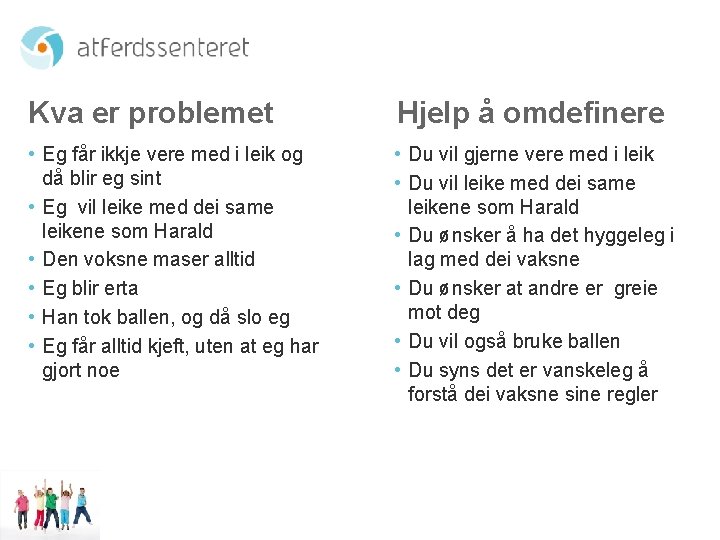 Kva er problemet Hjelp å omdefinere • Eg får ikkje vere med i leik