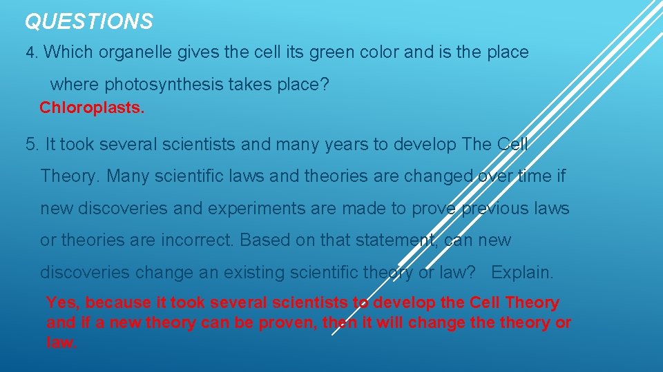 QUESTIONS 4. Which organelle gives the cell its green color and is the place