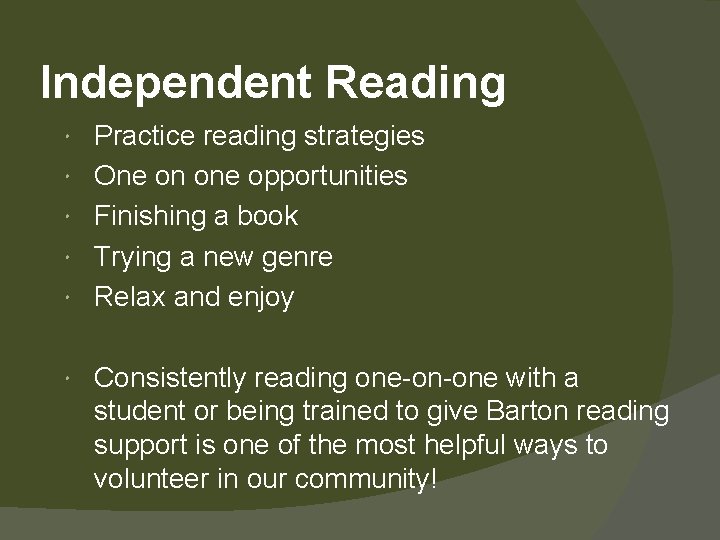 Independent Reading Practice reading strategies One on one opportunities Finishing a book Trying a